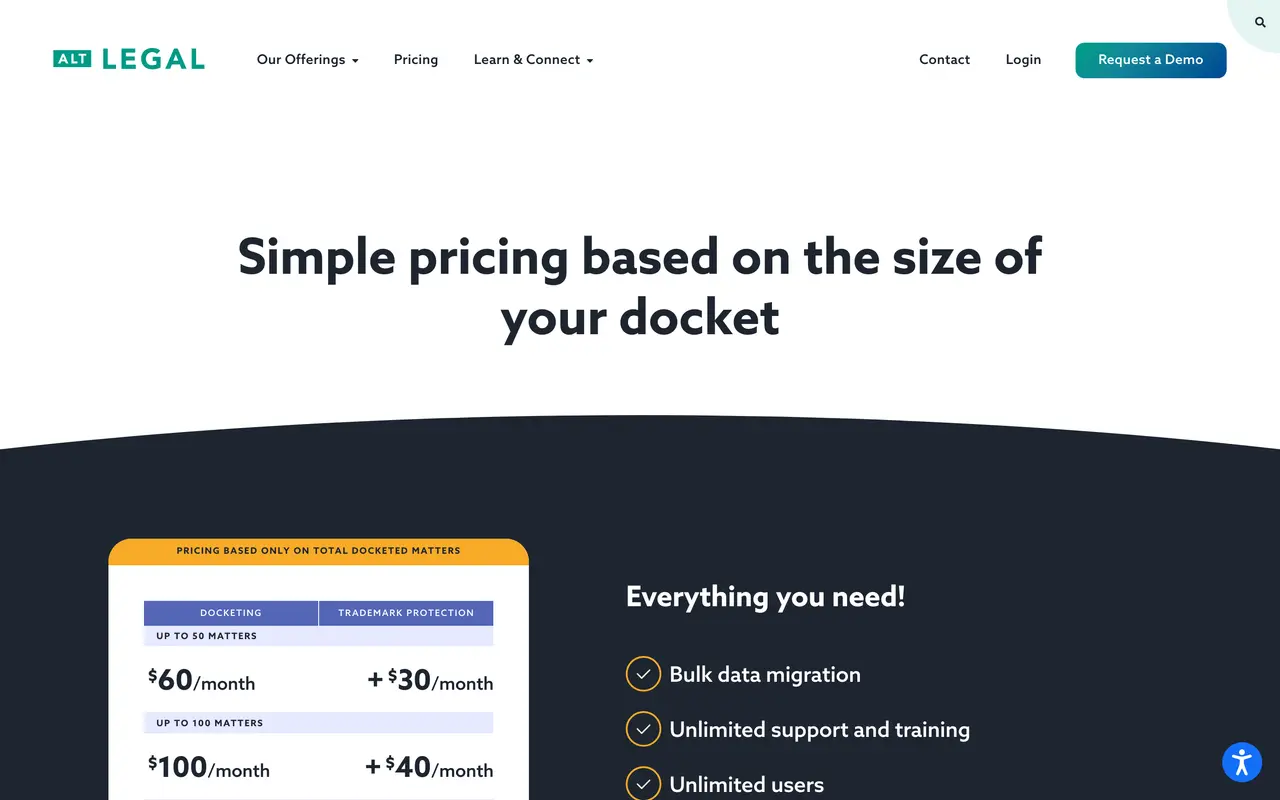 Alt Legal pricing page - Legal & Compliance SaaS pricing tiers and plans