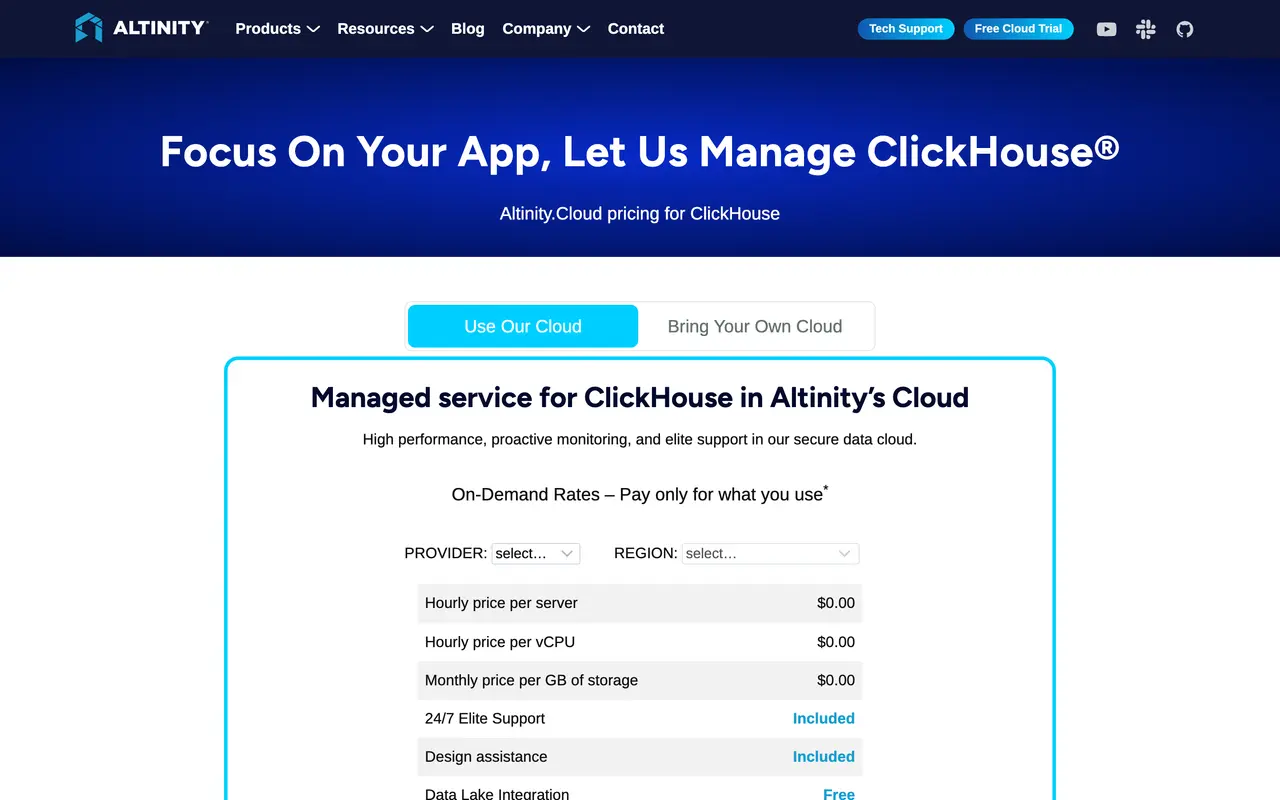 Altinity | Run open source ClickHouse® better pricing page - Analytics & BI SaaS pricing tiers and plans