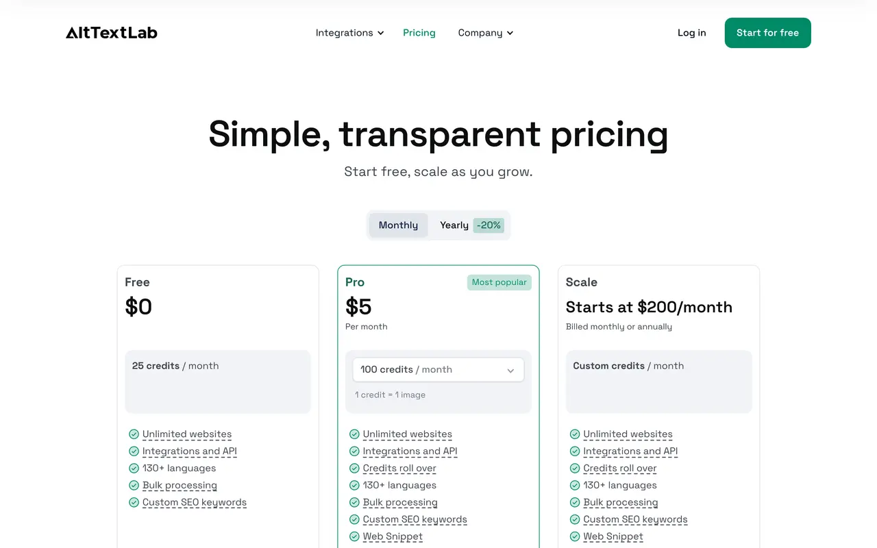 AltTextLab pricing page - SEO & Content Marketing SaaS pricing tiers and plans