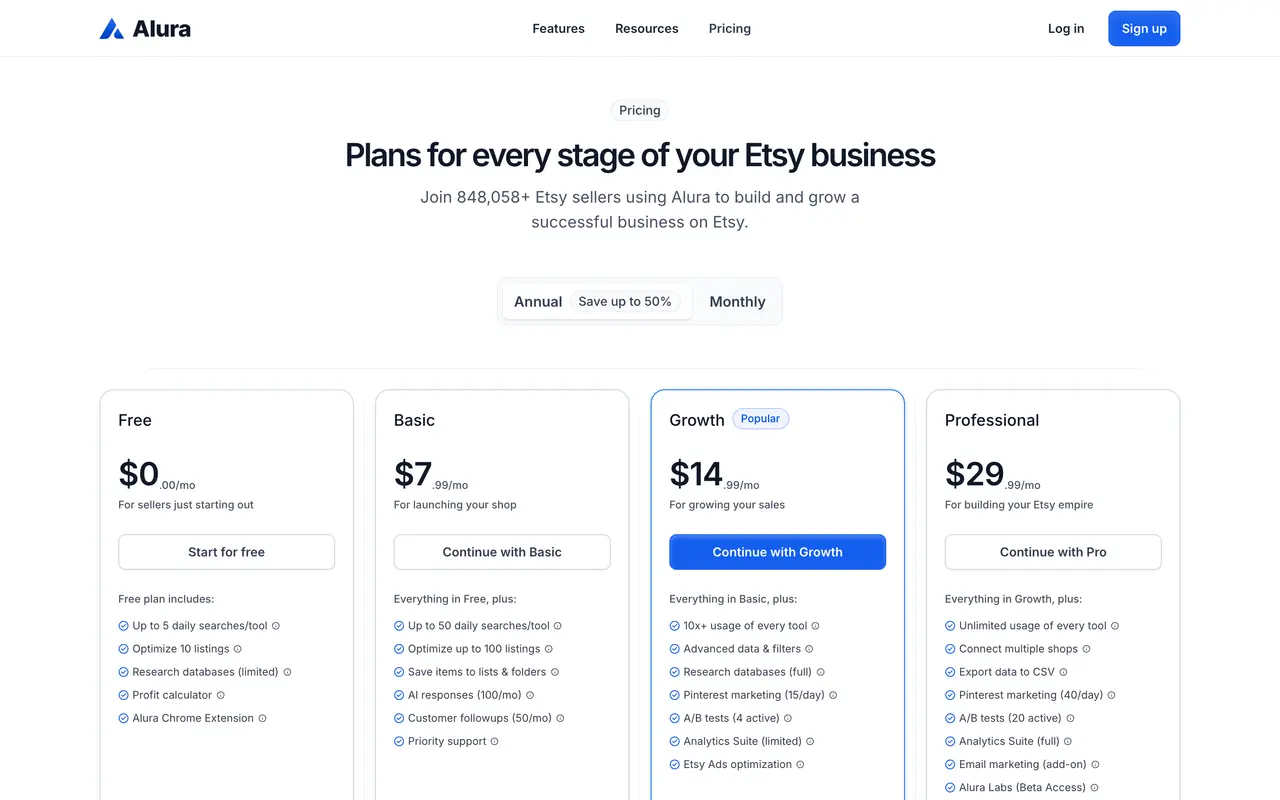 Alura pricing page - Chrome Extension SaaS pricing tiers and plans