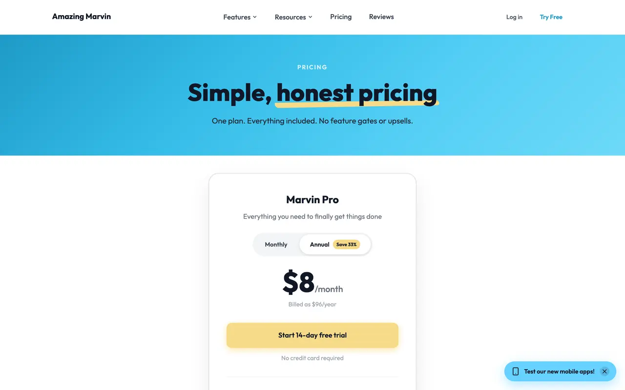Amazing Marvin pricing page - Task Management SaaS pricing tiers and plans