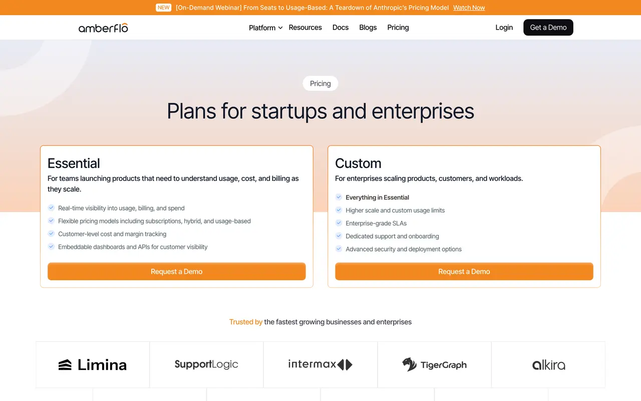 Amberflo pricing page - Subscription & Membership SaaS pricing tiers and plans