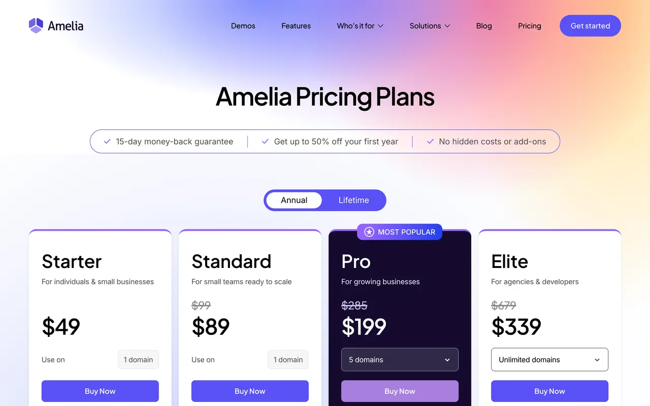 Amelia pricing page - Scheduling SaaS pricing tiers and plans