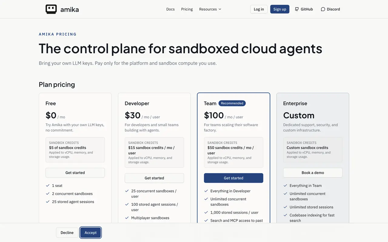 Amika pricing page - AI Education SaaS pricing tiers and plans