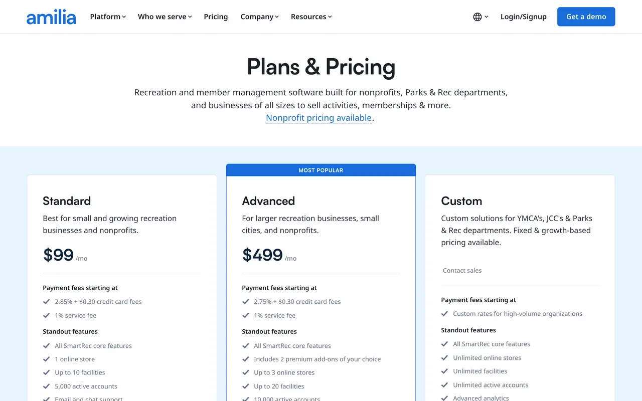 Amilia pricing page - Scheduling & Booking SaaS pricing tiers and plans
