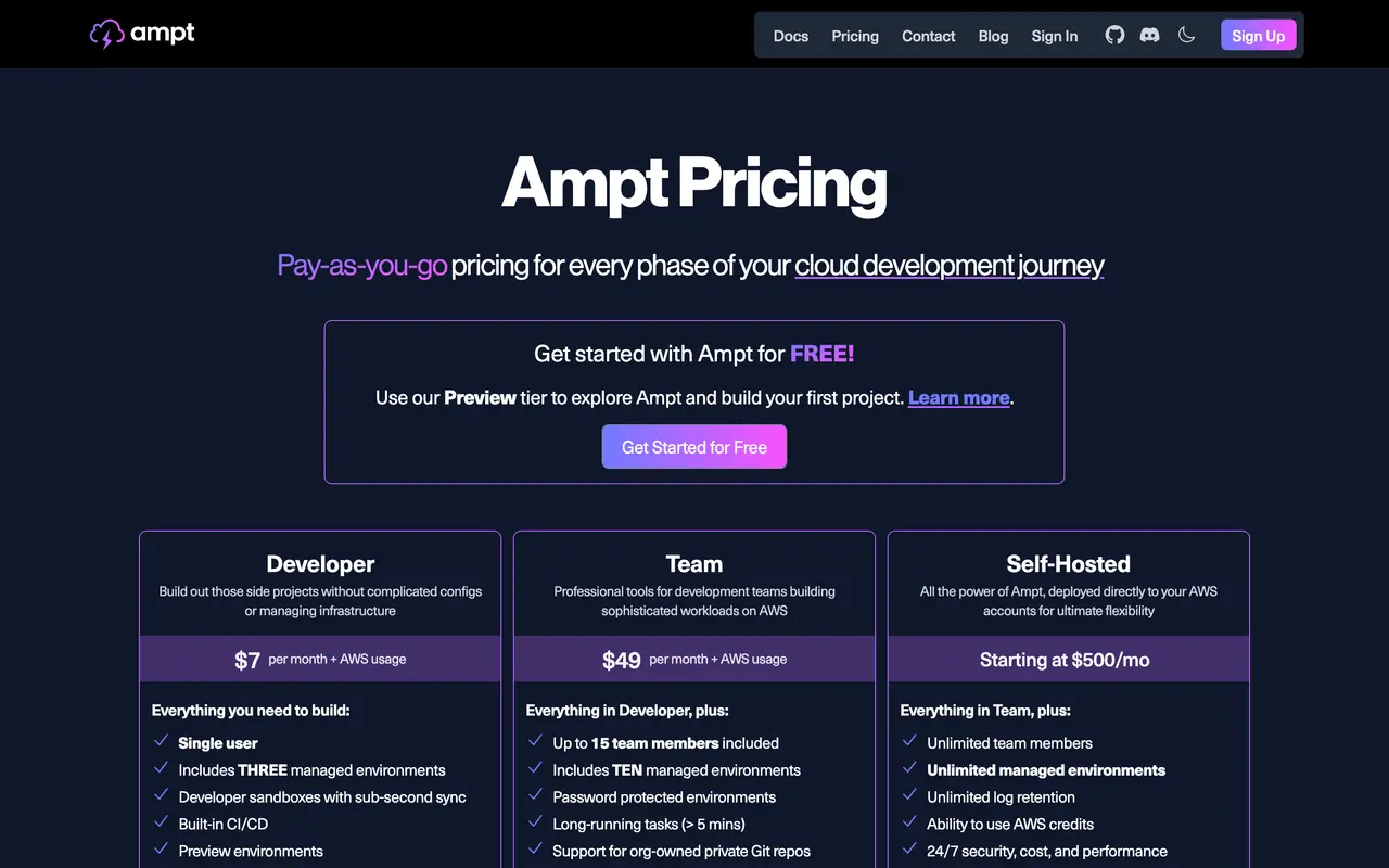 Ampt pricing page - Cloud & Infrastructure SaaS pricing tiers and plans