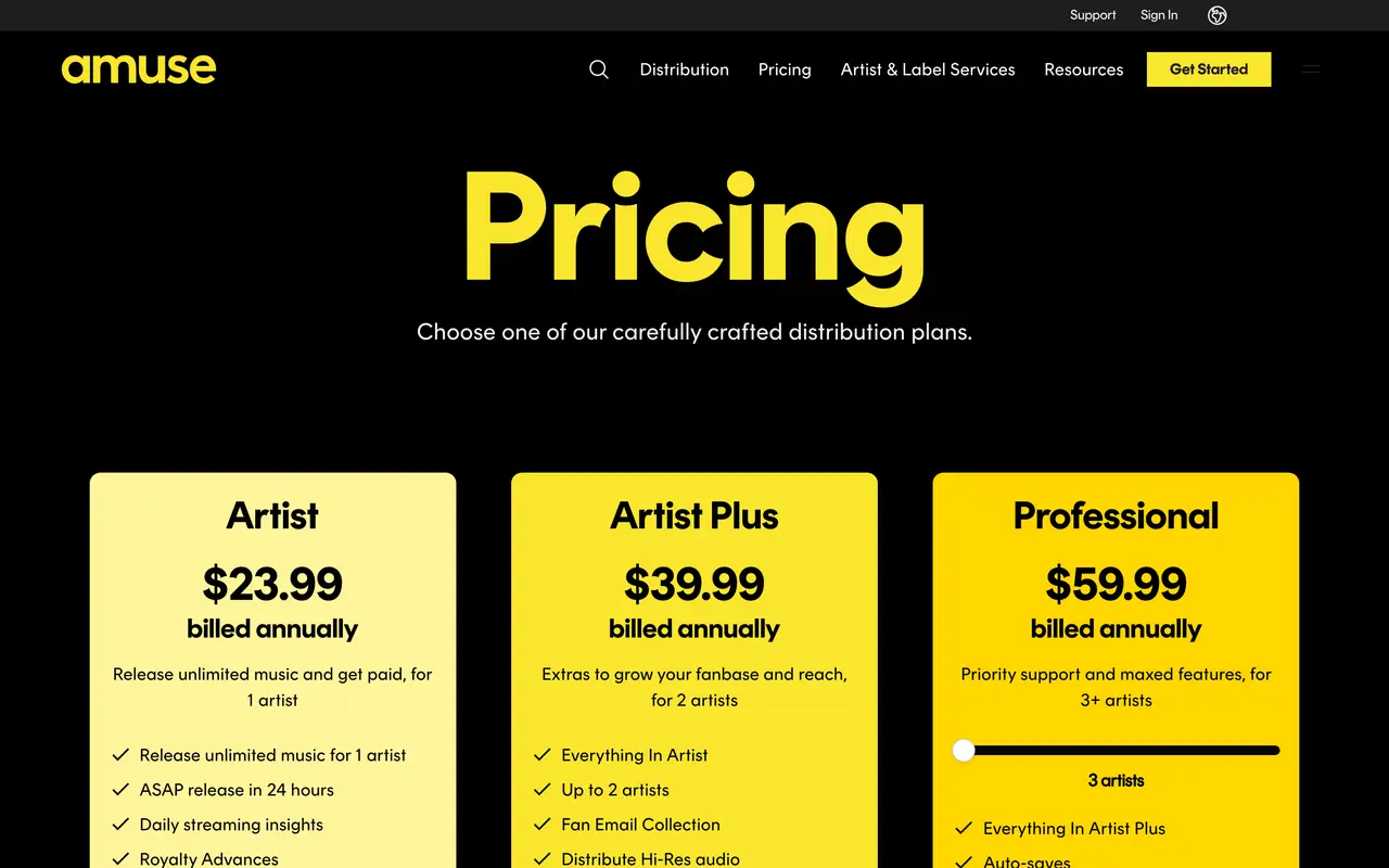 Amuse pricing page - Music Distribution SaaS pricing tiers and plans