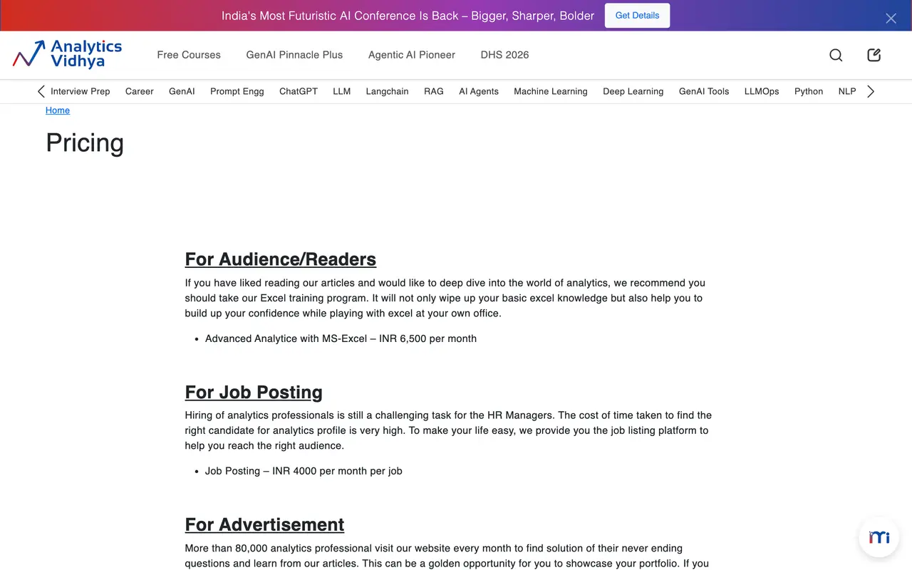 Analytics Vidhya pricing screenshot