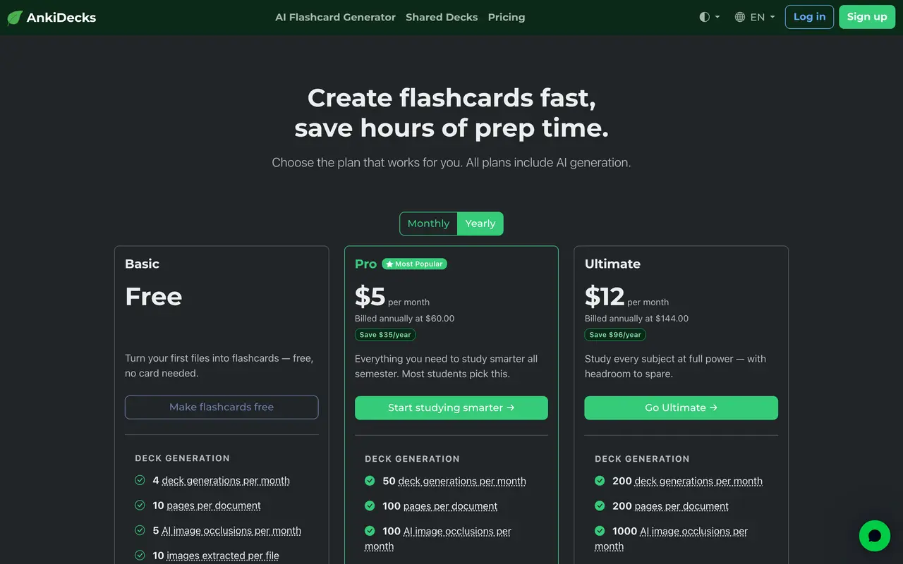 AnkiDecks AI pricing page - Education SaaS pricing tiers and plans