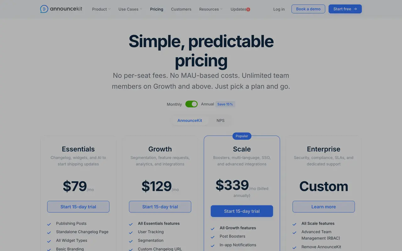 Announcekit pricing page - Customer Success & Onboarding SaaS pricing tiers and plans