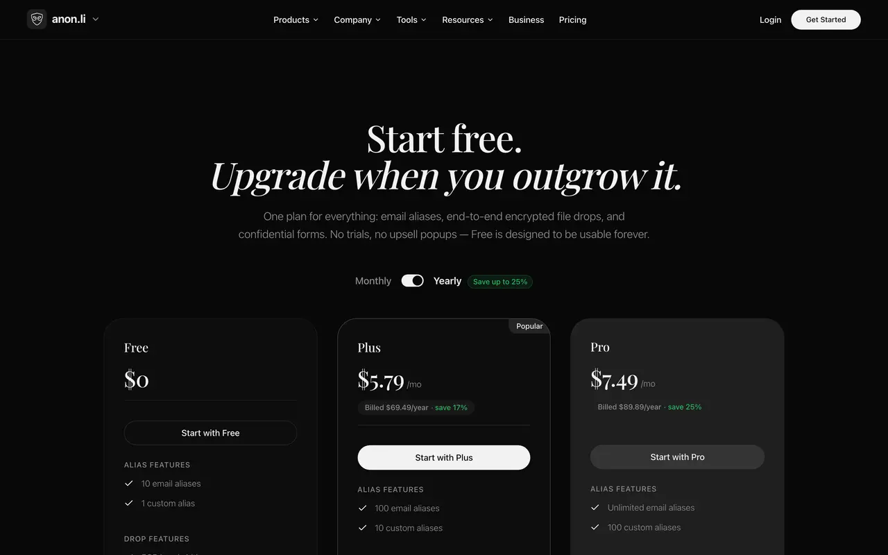Anon pricing page - AI Developer Tools SaaS pricing tiers and plans