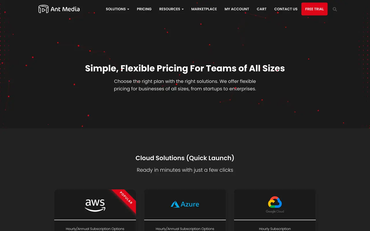 Ant Media pricing page - Video & Streaming SaaS pricing tiers and plans