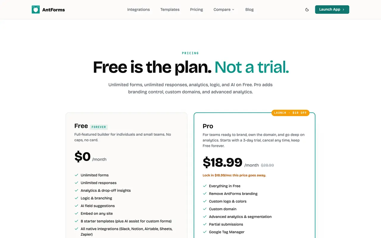 AntForms pricing page - Analytics & BI SaaS pricing tiers and plans