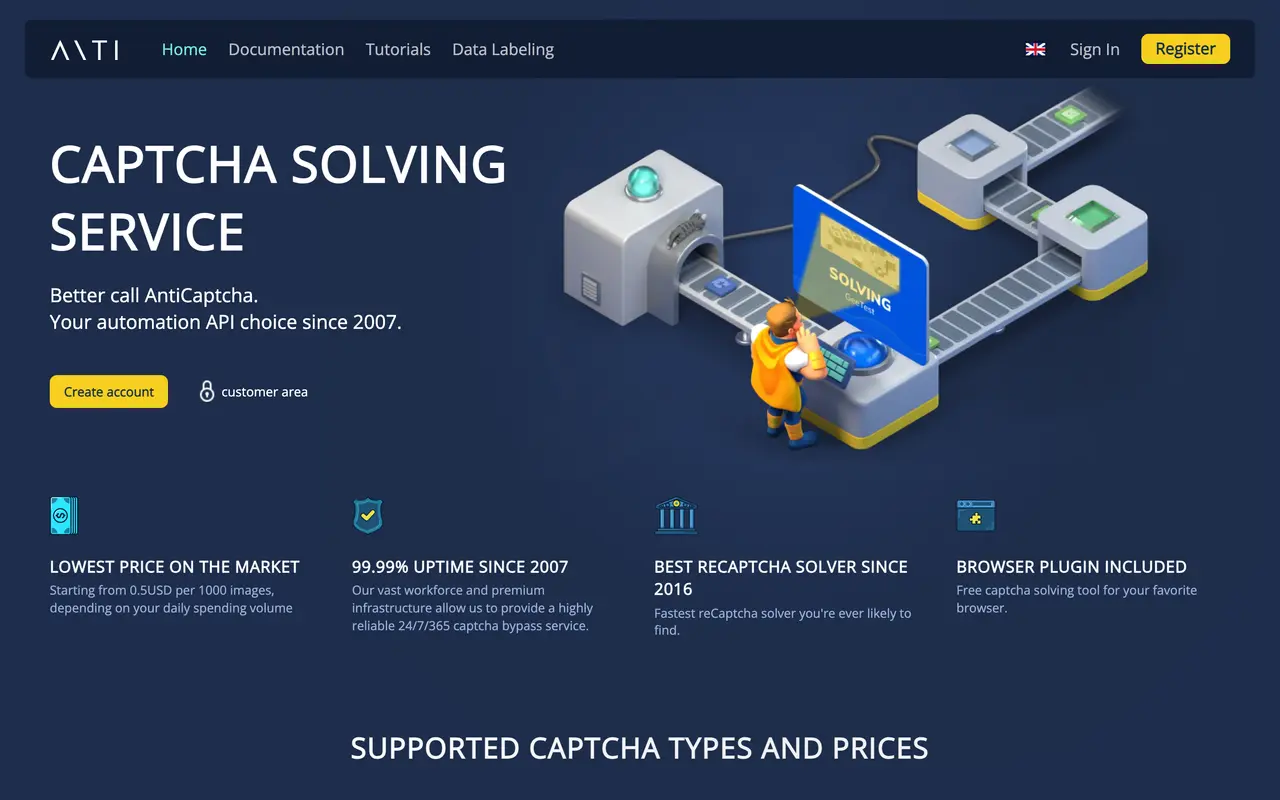 Anti-Captcha pricing page - Data SaaS pricing tiers and plans