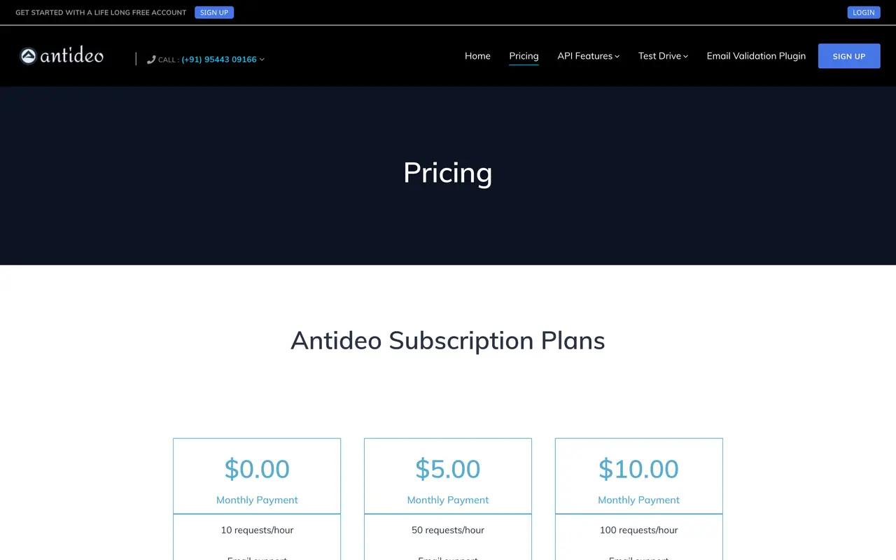 Antideo pricing page - API & Integration SaaS pricing tiers and plans