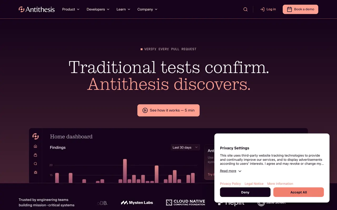 Antithesis pricing page - Testing & QA SaaS pricing tiers and plans