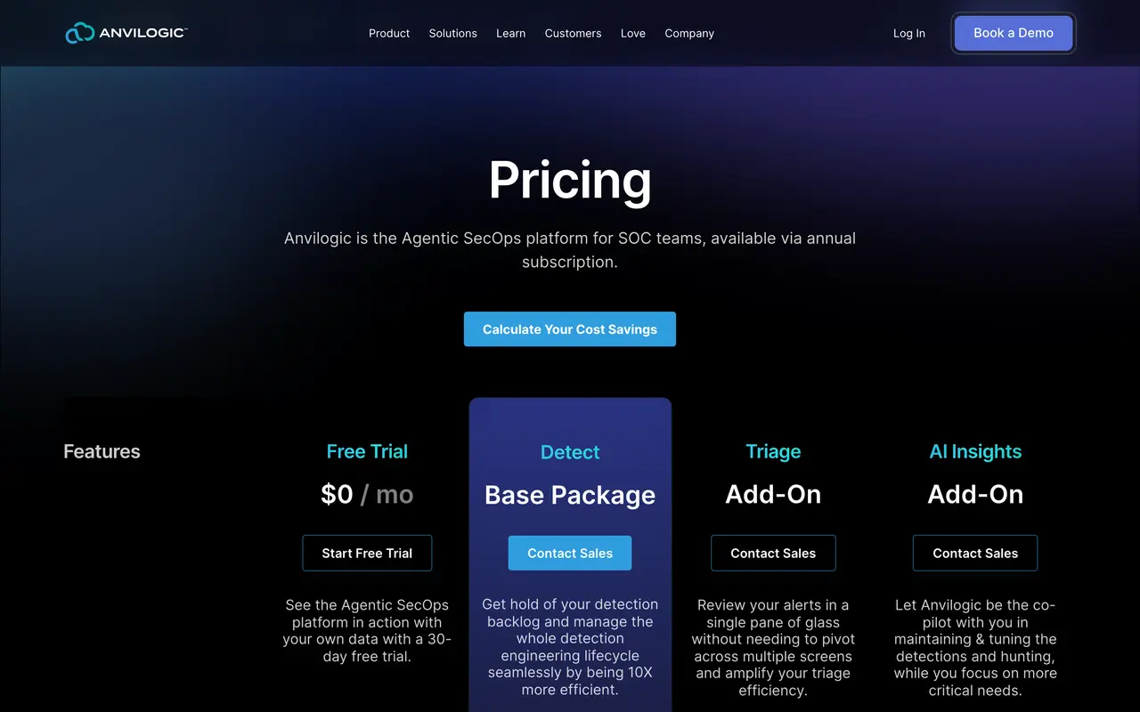 Anvilogic pricing page - Security SaaS pricing tiers and plans