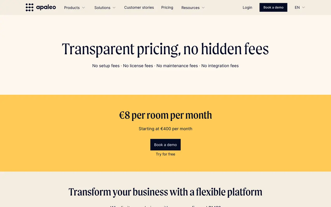 apaleo pricing page - Hotels SaaS pricing tiers and plans