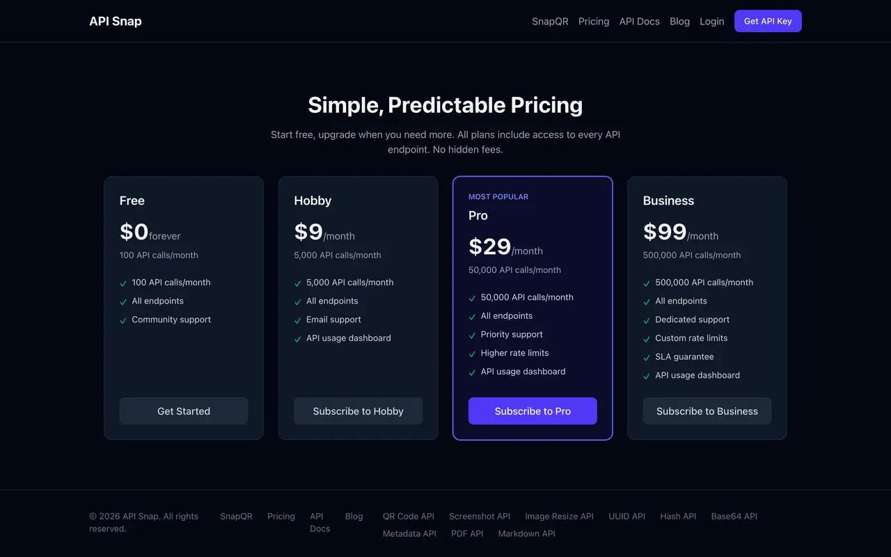 API Snap pricing page - API & Integration SaaS pricing tiers and plans
