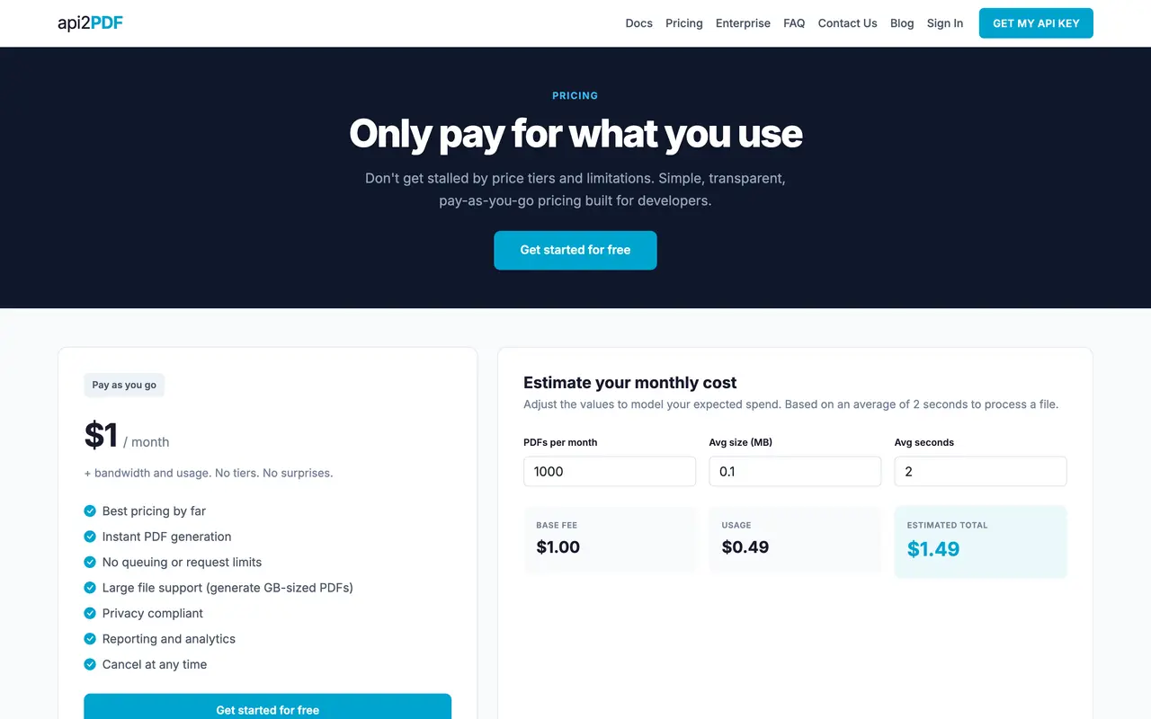 Api2Pdf pricing page - Document Generation SaaS pricing tiers and plans