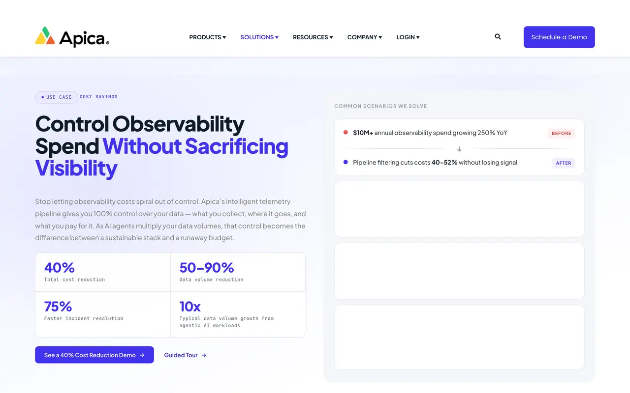 Apica pricing page - Observability & Monitoring SaaS pricing tiers and plans