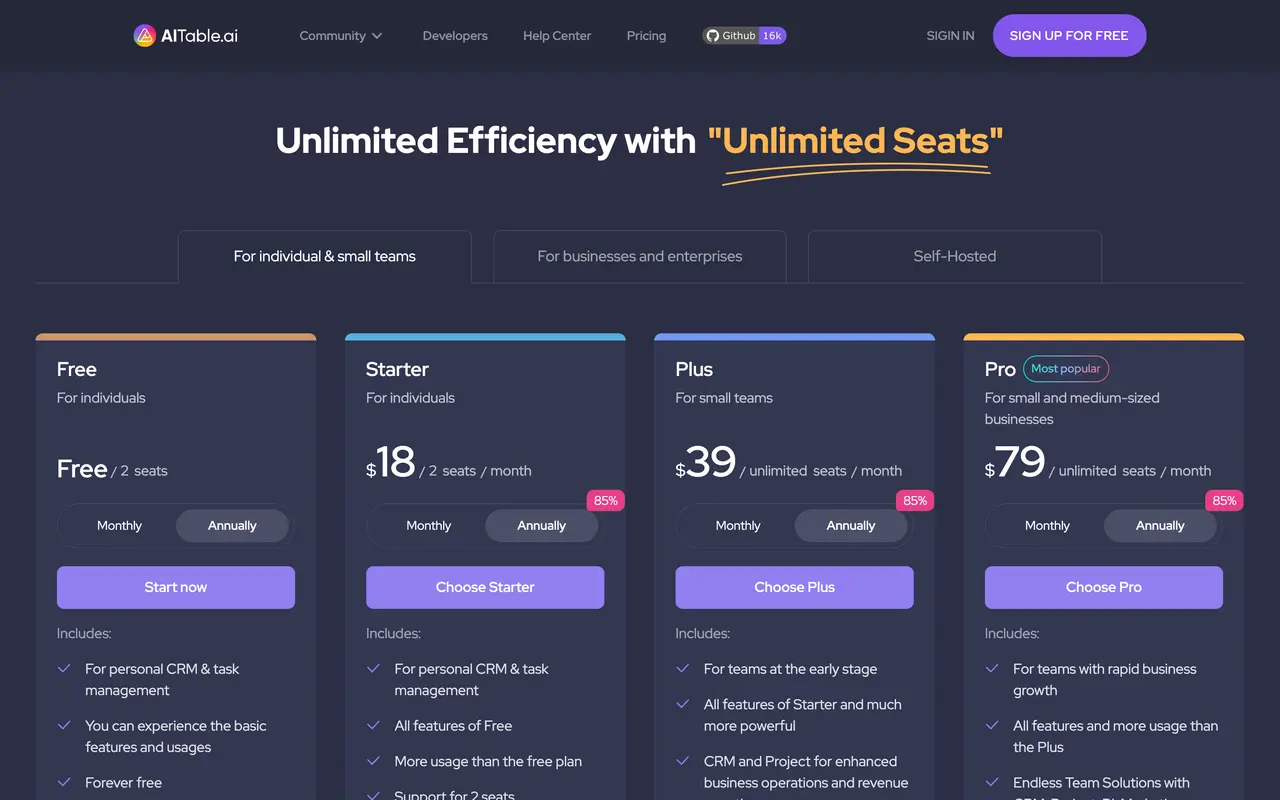 APITable pricing page - Database SaaS pricing tiers and plans