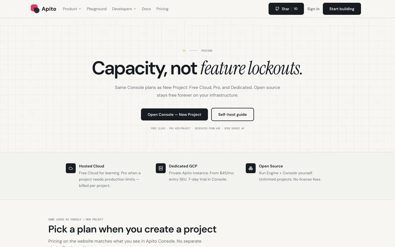 Apito pricing page - Database & Backend SaaS pricing tiers and plans