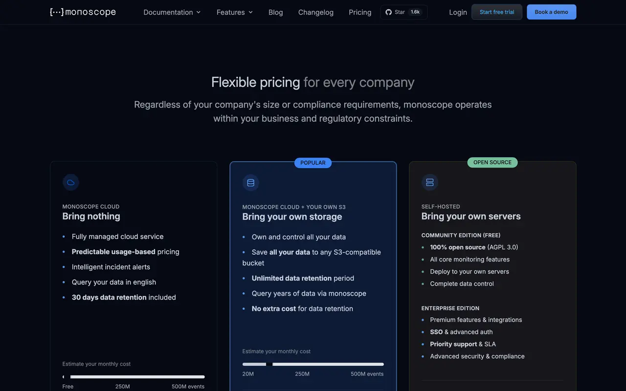 Monoscope pricing page - API Tools SaaS pricing tiers and plans