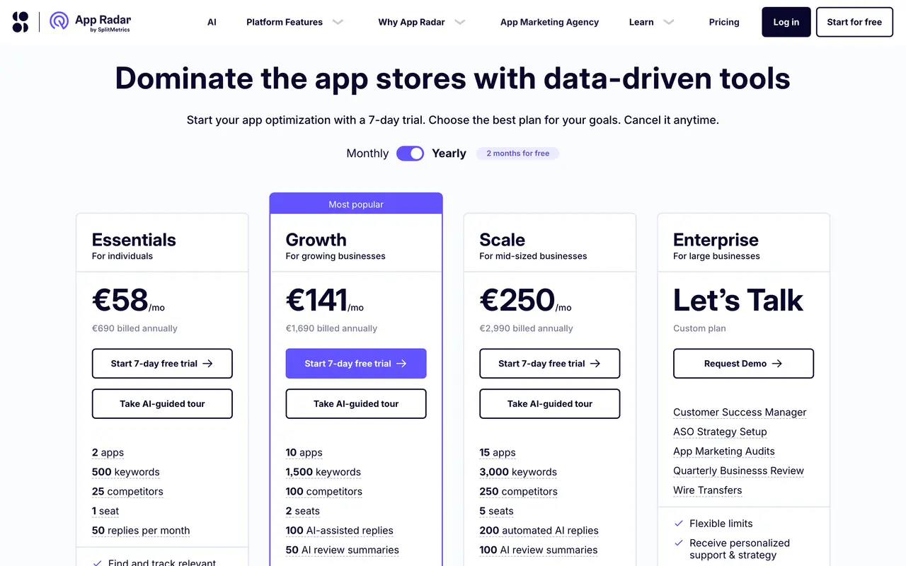 App Radar pricing page - Finance & Accounting SaaS pricing tiers and plans