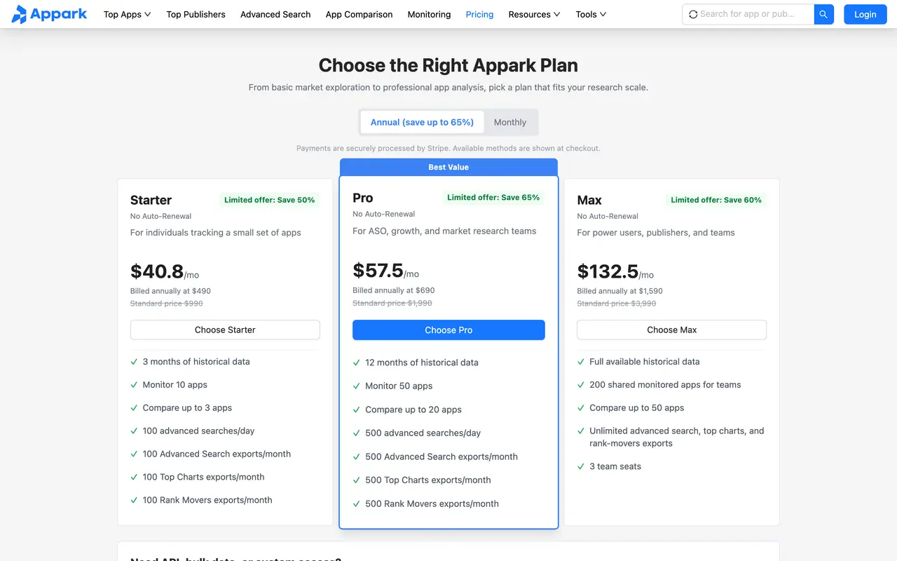 Appark pricing page - Analytics & BI SaaS pricing tiers and plans
