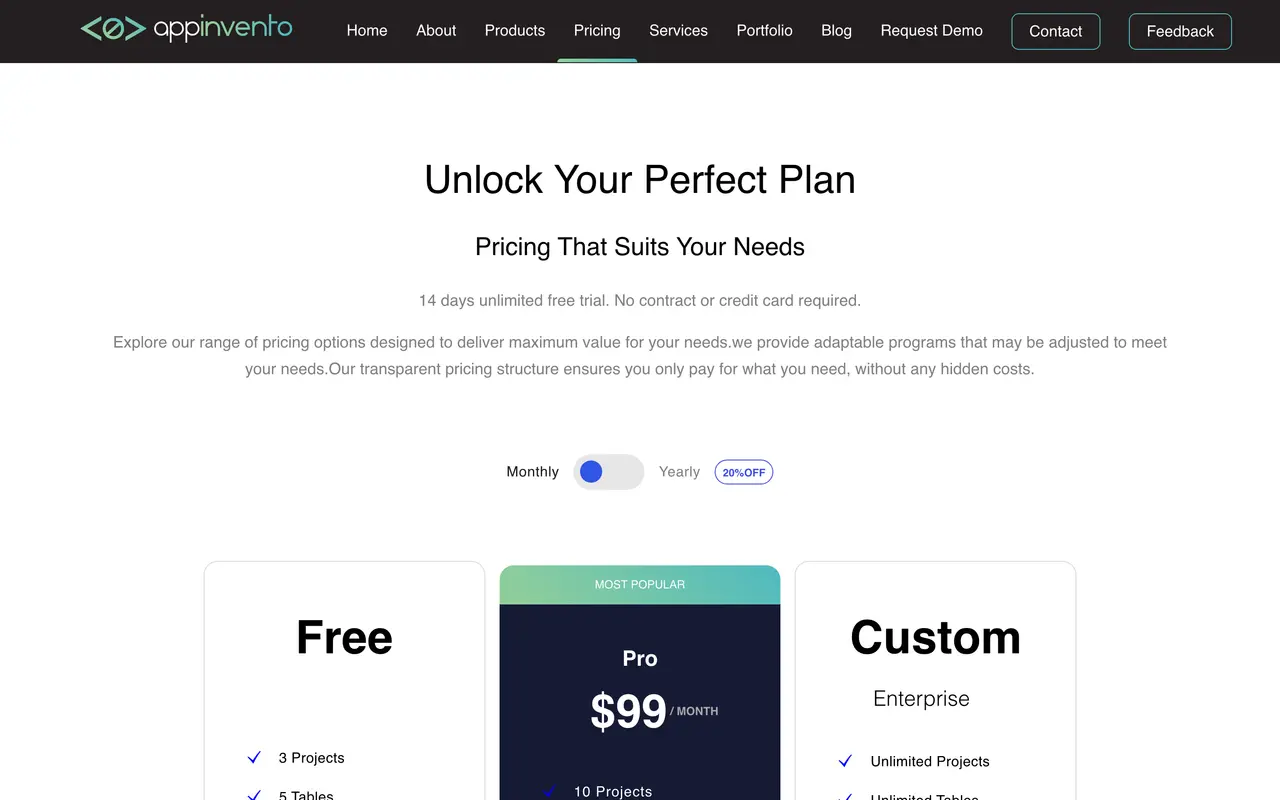Appinvento pricing page - No-Code & Low-Code SaaS pricing tiers and plans