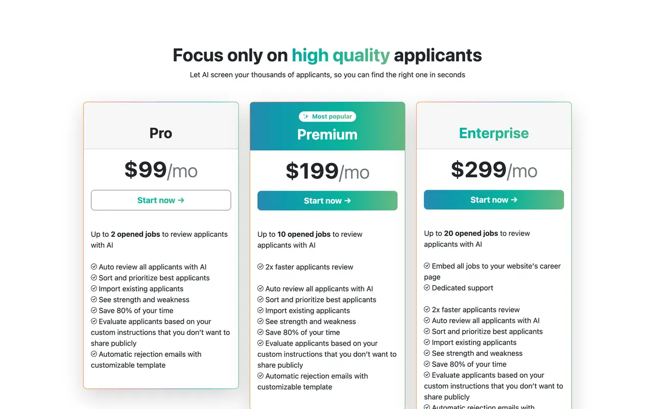 Applicant AI pricing page - HR & Recruiting SaaS pricing tiers and plans