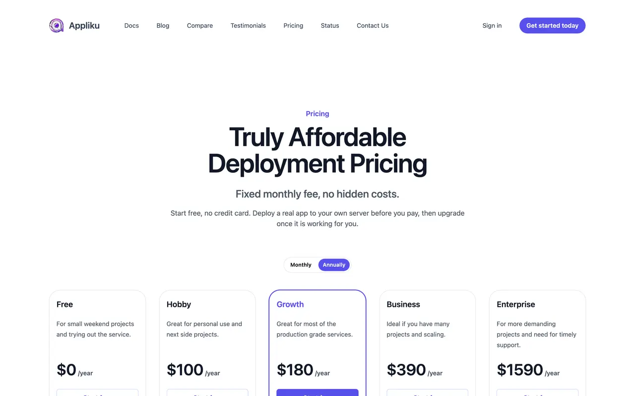 Appliku pricing page - Cloud & Infrastructure SaaS pricing tiers and plans