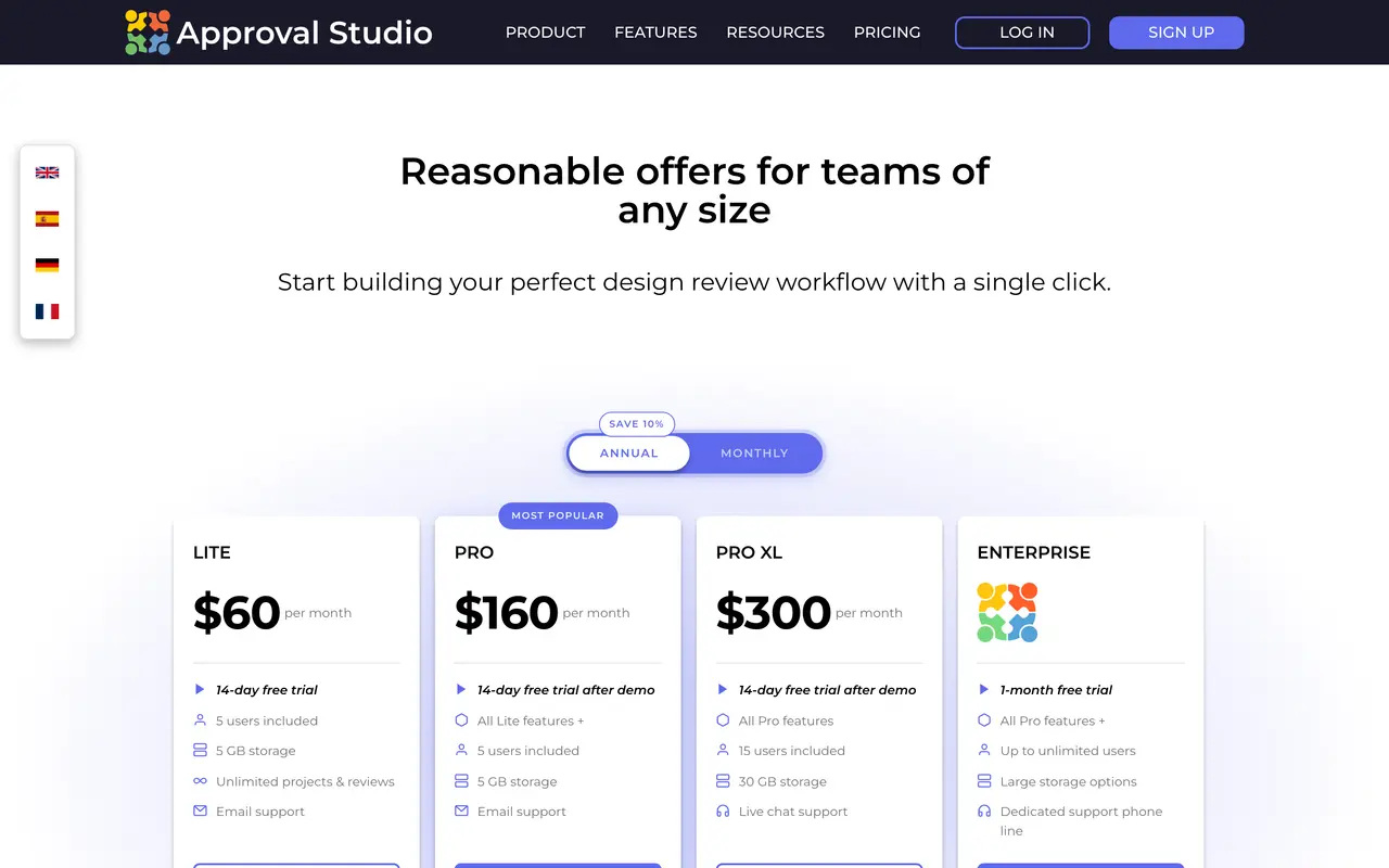 Approval Studio pricing page - Creative SaaS pricing tiers and plans