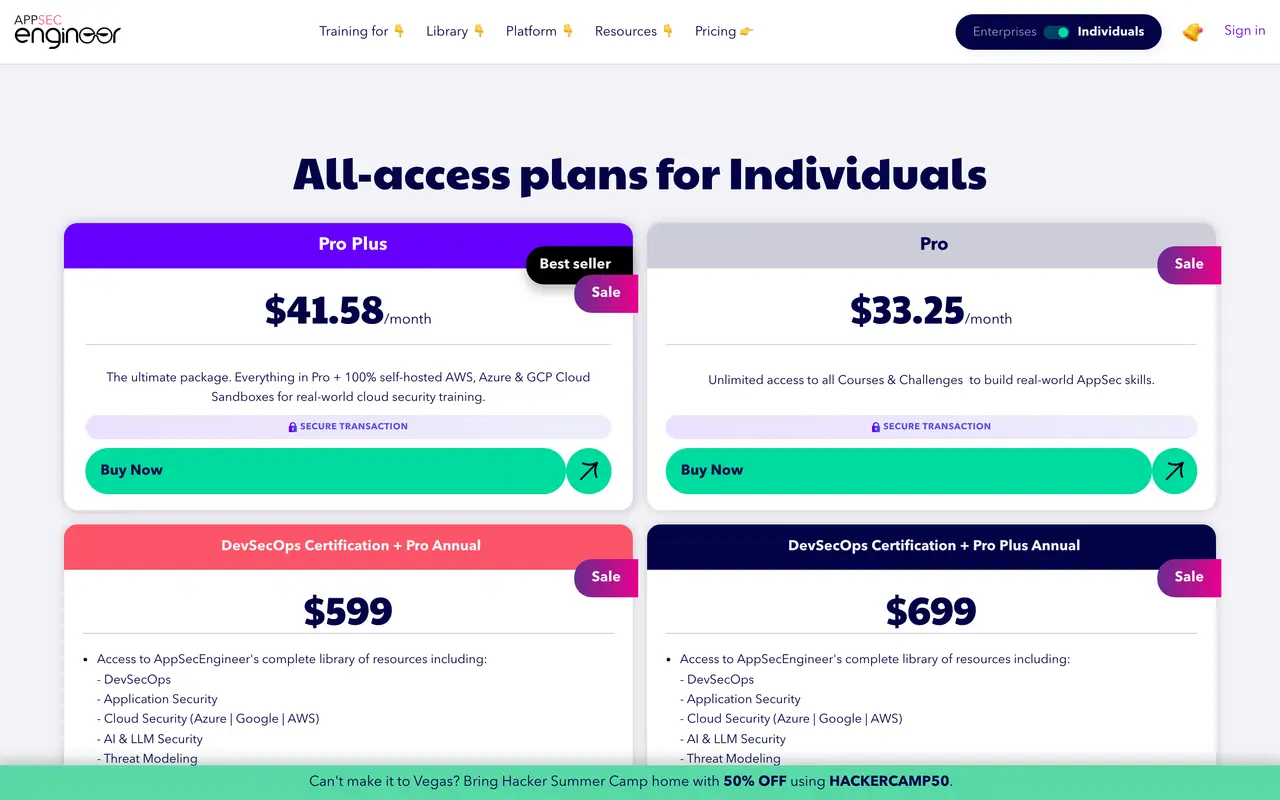 AppSecEngineer Hands-on Application Security Labs pricing page - Security SaaS pricing tiers and plans