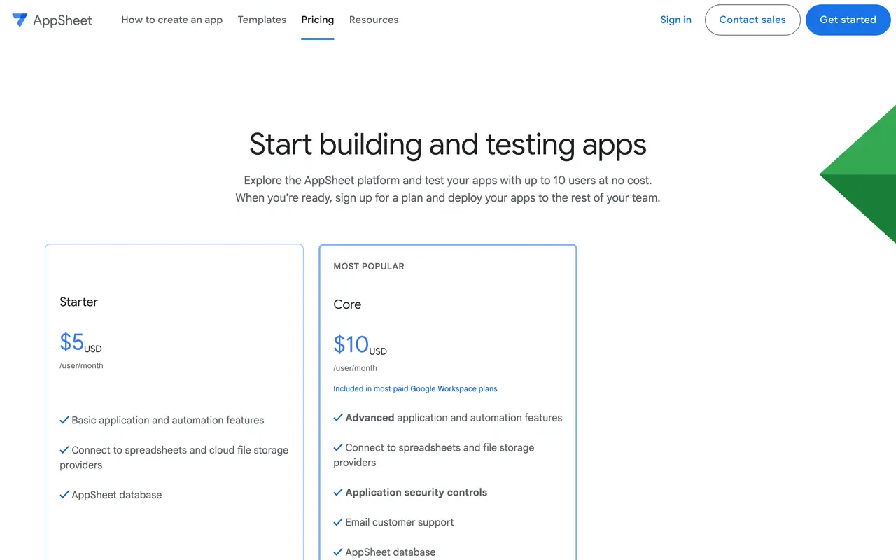 AppSheet pricing page - No-Code & Low-Code SaaS pricing tiers and plans