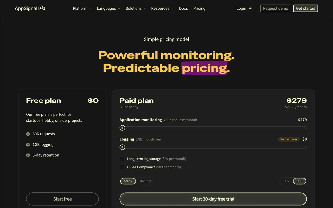 AppSignal pricing page - Monitoring SaaS pricing tiers and plans