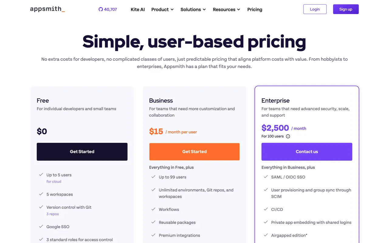 Appsmith pricing page - No-Code & Low-Code SaaS pricing tiers and plans