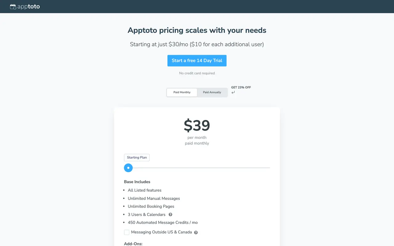 Apptoto pricing page - Customer Support SaaS pricing tiers and plans