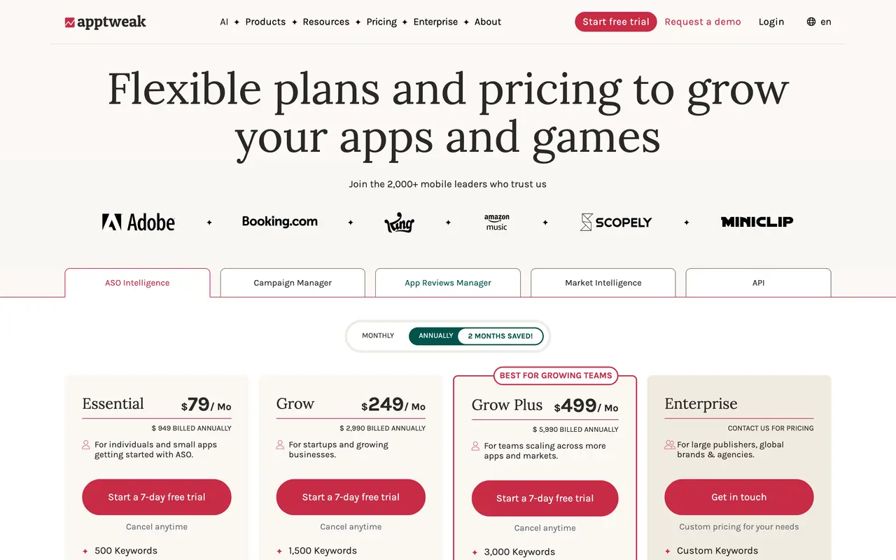 AppTweak pricing page - SEO & Content Marketing SaaS pricing tiers and plans