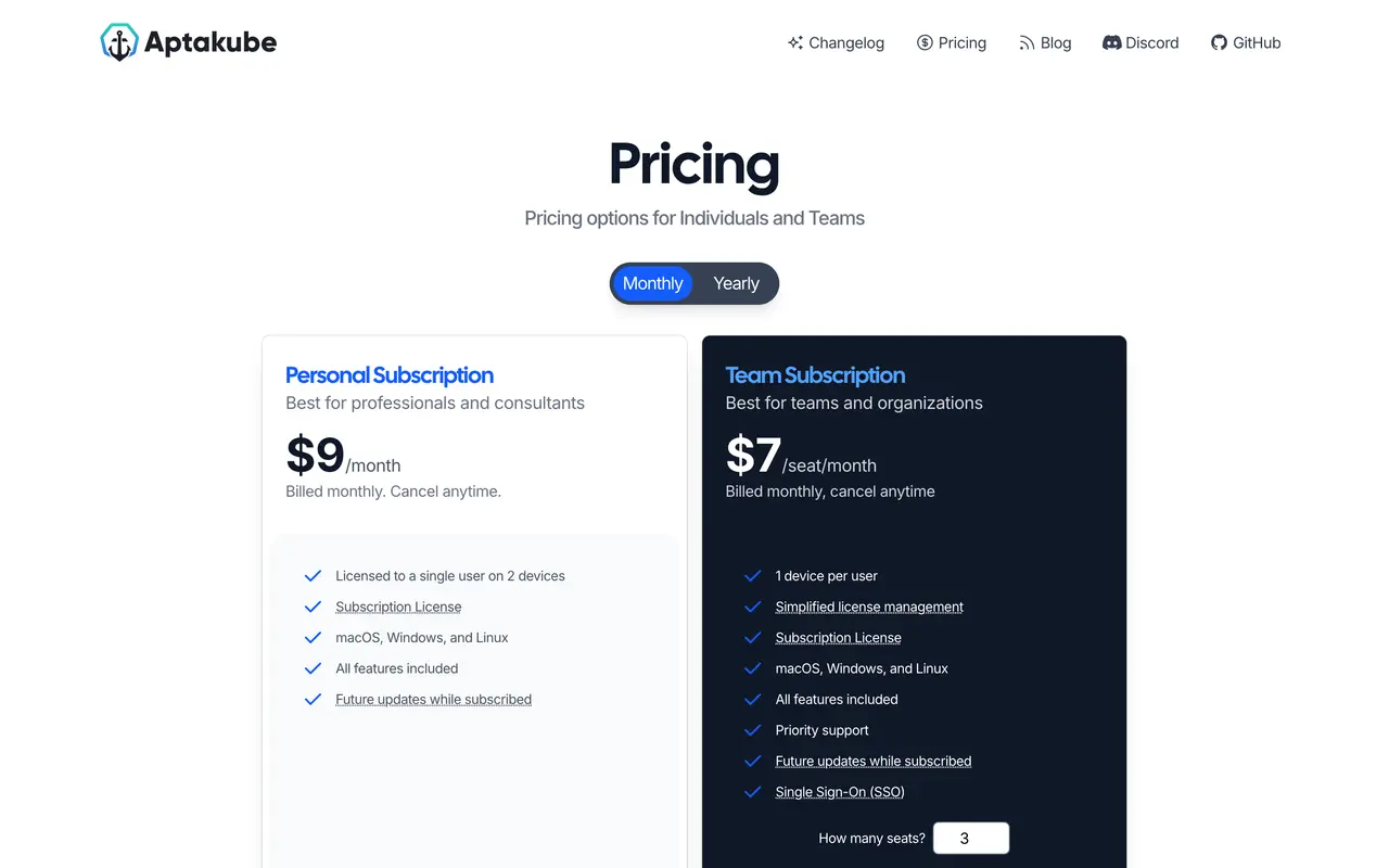 Aptakube pricing page - Container & Kubernetes SaaS pricing tiers and plans