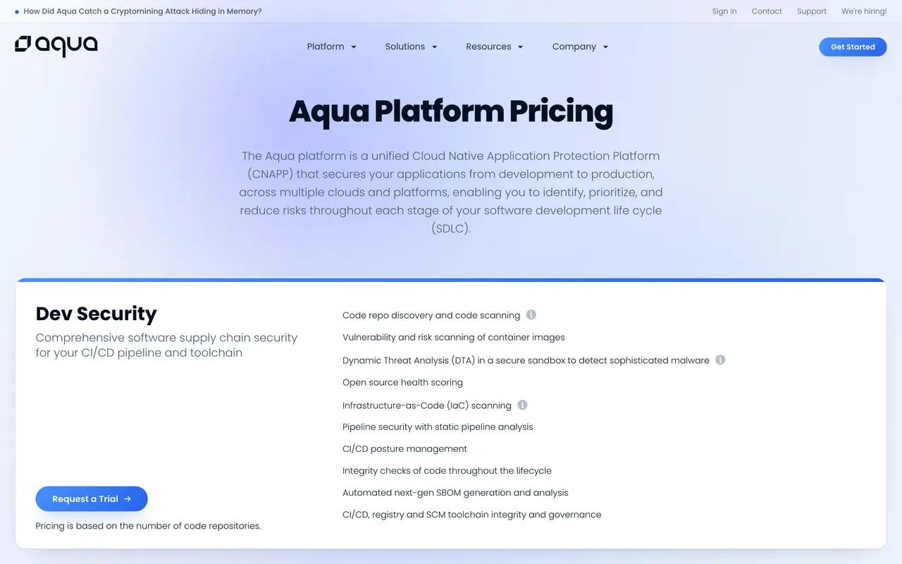 Aqua Security pricing page - Security SaaS pricing tiers and plans