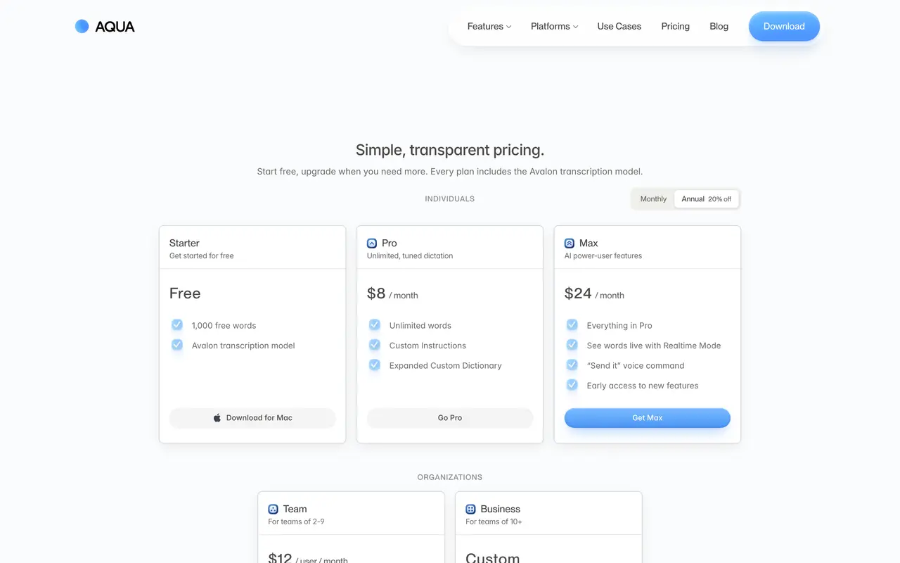 Aqua Voice pricing page - E-commerce SaaS pricing tiers and plans