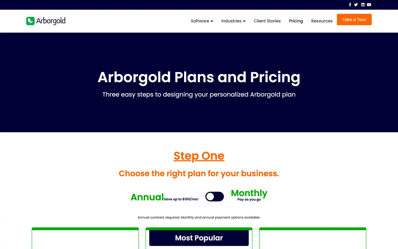 Arborgold pricing page - Landscaping SaaS pricing tiers and plans