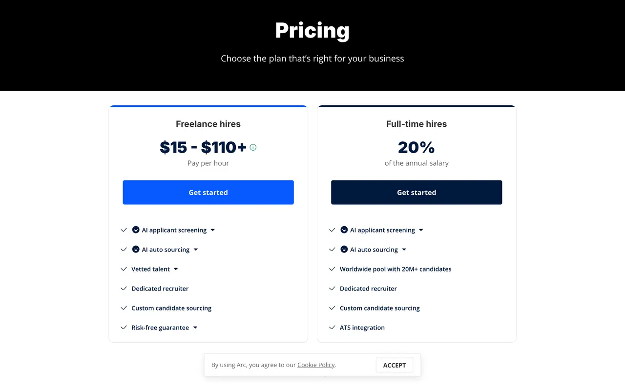 Arc.dev pricing page - HR & Recruiting SaaS pricing tiers and plans