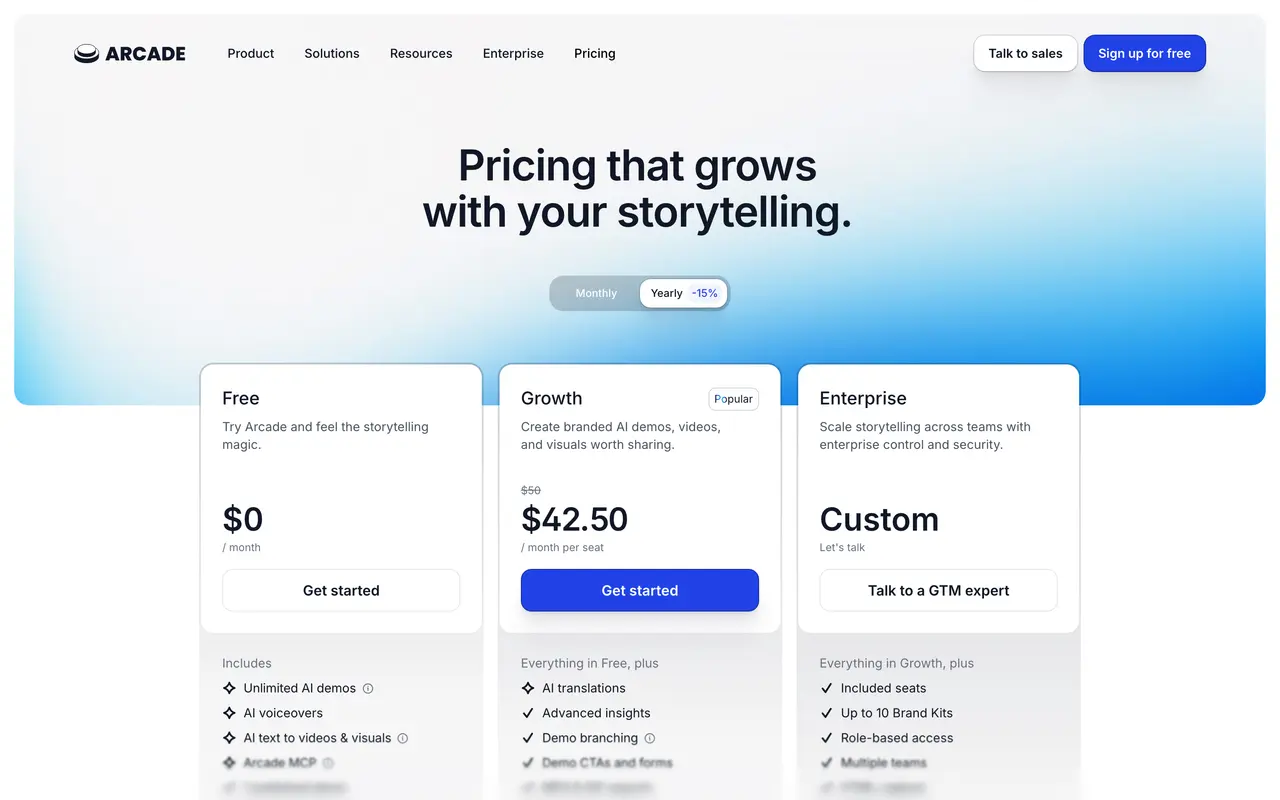 Arcade pricing page - Customer Success & Onboarding SaaS pricing tiers and plans