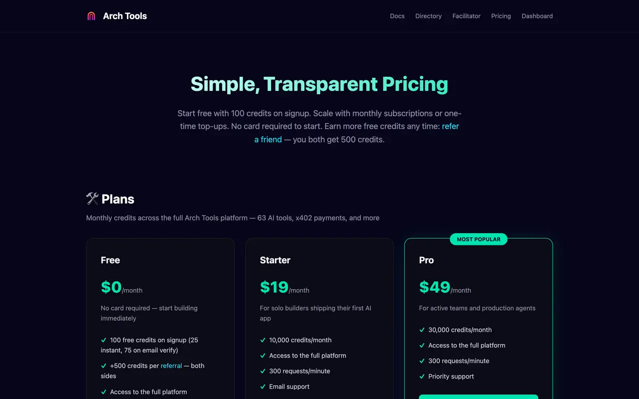 Arch Tools pricing page - Payment & Fintech SaaS pricing tiers and plans