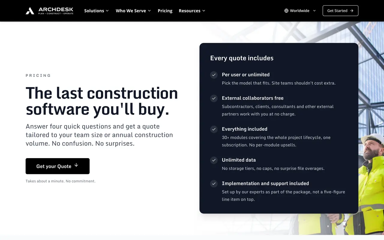 Archdesk pricing page - Construction SaaS pricing tiers and plans