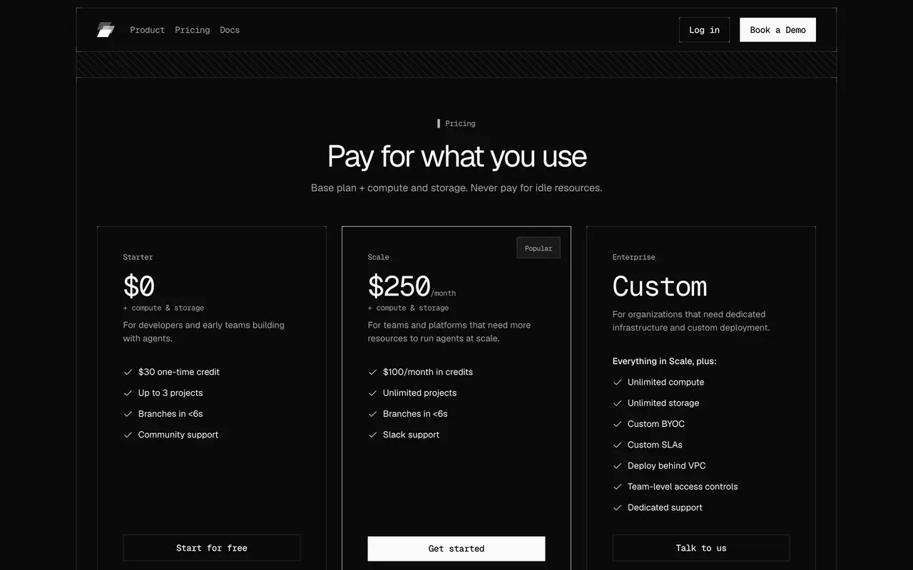 Ardent pricing page - Database & Backend SaaS pricing tiers and plans
