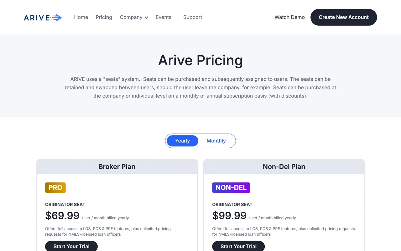 Arive pricing page - Payment & Fintech SaaS pricing tiers and plans